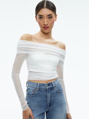 New Alice + Olivia Isadola Top Size Medium Off White Semi Sheer Mesh Ruched